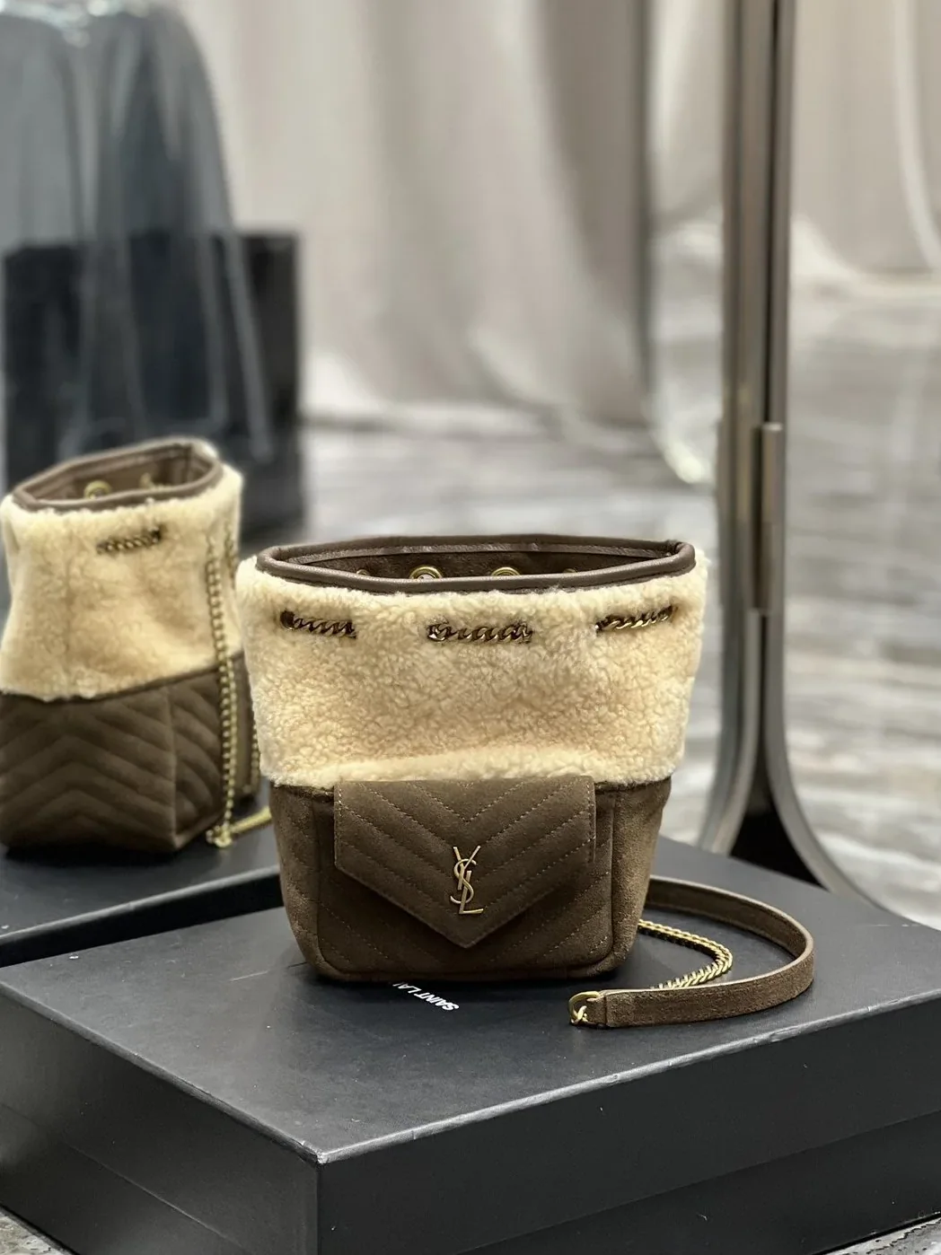 Saint Laurent Oe Mini Bucket Chevrons Brown Saint Laurent Oe Mini Bucket Chevrons Brown