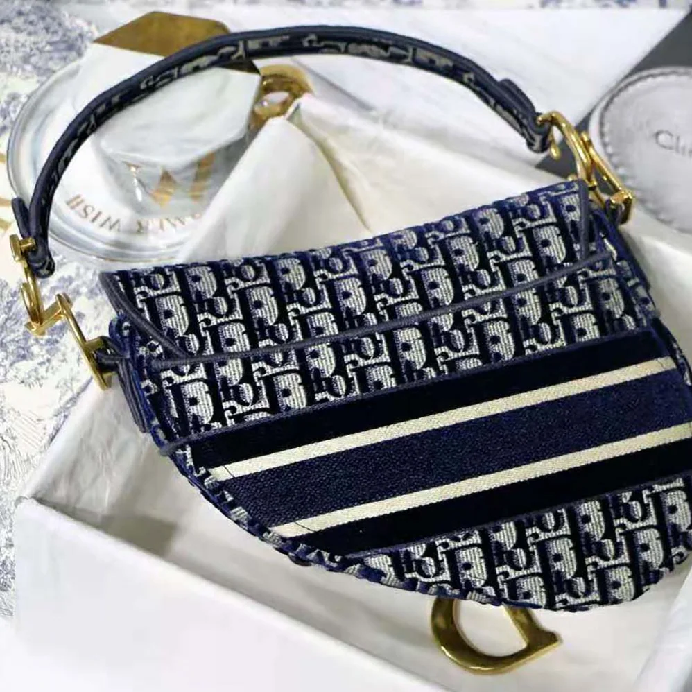 Dior Saddle Bag Blue Dior Oblique Embroidery for Women