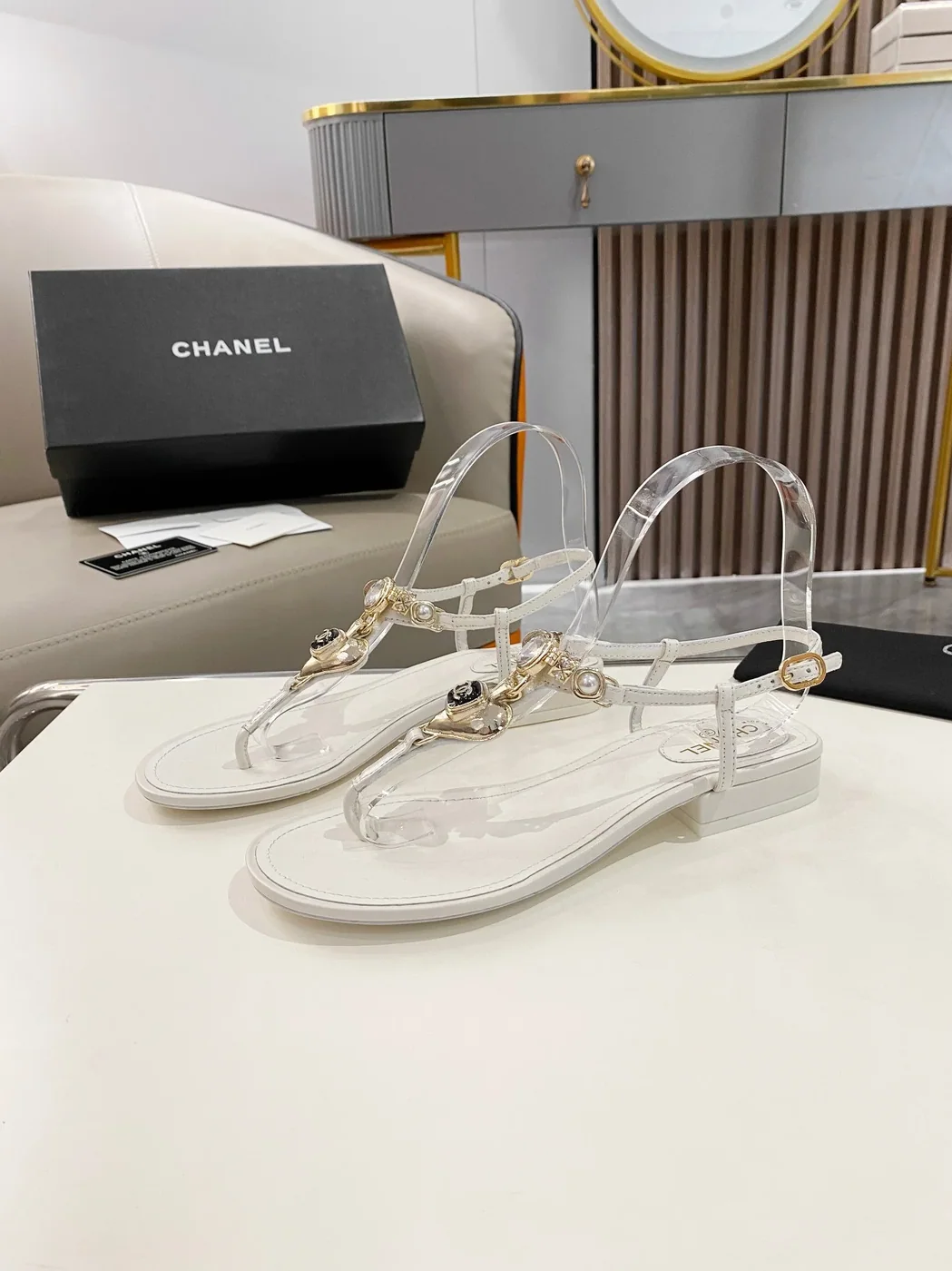 Chanel Crystal Low Heels Flip Flops White
