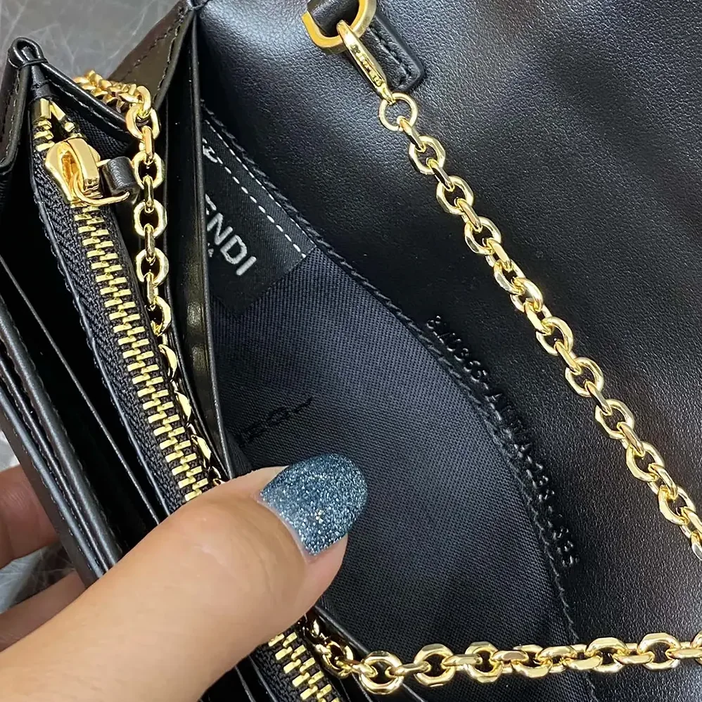Fendi FF Diamonds Continental With Chain Black Leather Wallet for Women Fendi FF Diamonds Continental With Chain Black Leather Wallet for Women