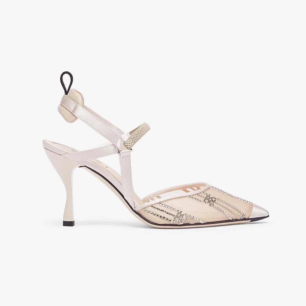 Fendi Colibri Pink Mesh High-Heeled Slingbacks with Rhinestone Embroidery for Women Fendi Colibri Pink Mesh High-Heeled Slingbacks with Rhinestone Embroidery for Women