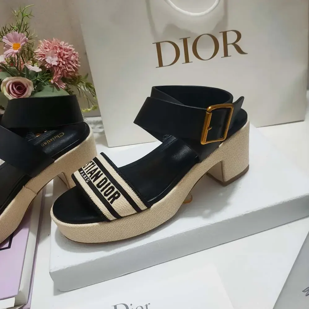 Dior Dioriviera Dway Heeled Sandal Natural Raffia with Black Calfskin and Embroidered Cotton for Women Dior Dioriviera Dway Heeled Sandal Natural Raffia with Black Calfskin and Embroidered Cotton for Women