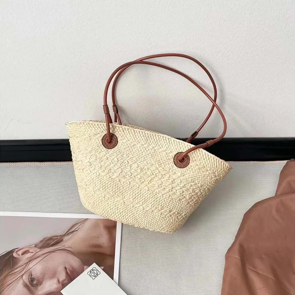 Loewe Small Anagram Basket Bag in Iraca Palm and Calfskin for Women