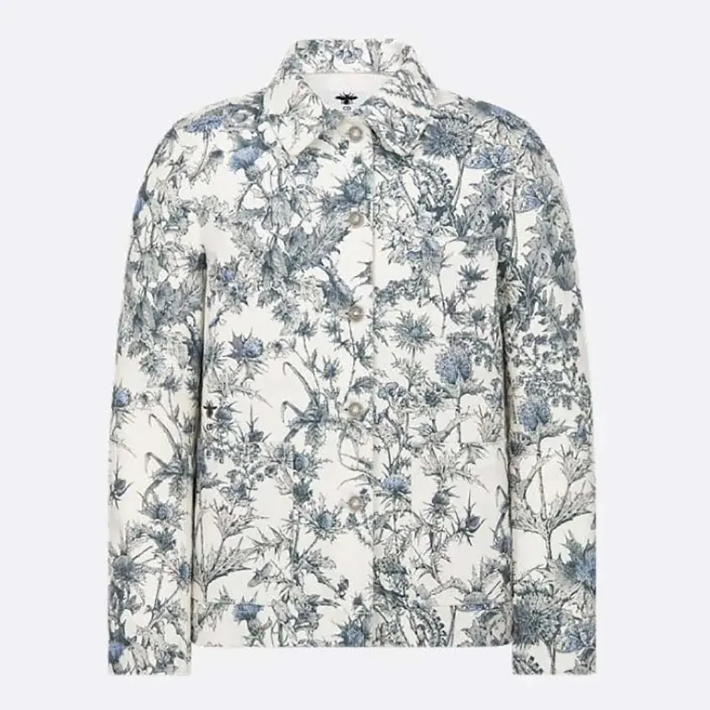 Dior Caro Jacket White Cotton Denim with Blue Dior Chardons Motif for Women Dior Caro Jacket White Cotton Denim with Blue Dior Chardons Motif for Women
