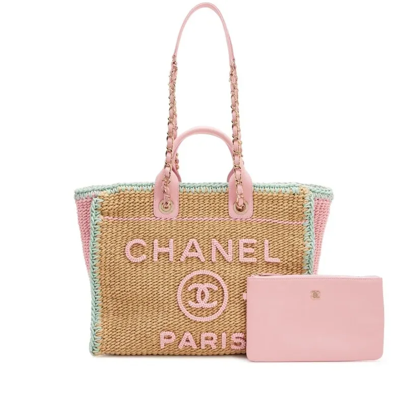Chanel Deauville Small Tote Bag / Light Pink in Beige Raffia Gold Hardware Chanel Deauville Small Tote Bag / Light Pink in Beige Raffia Gold Hardware