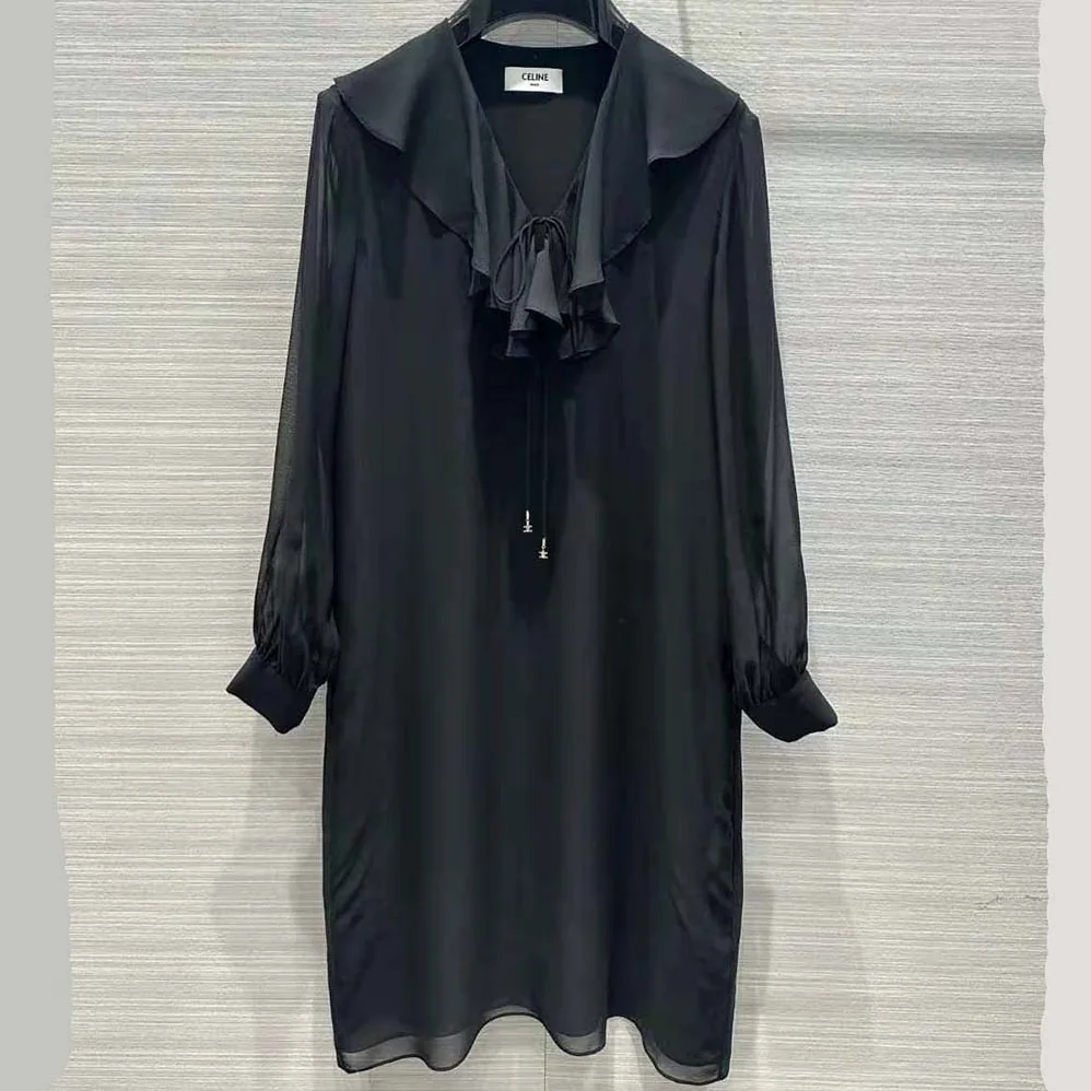 Celine Jabot Mini Dress in Silk Georgette for Women in Black Celine Jabot Mini Dress in Silk Georgette for Women in Black