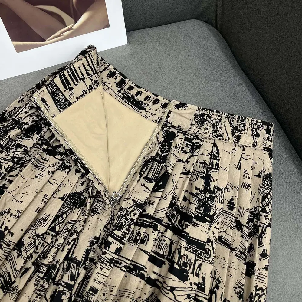 Dior Pleated Mid-Length Skirt Beige and Black Cotton Gabardine with Paris Allover Motif for Women