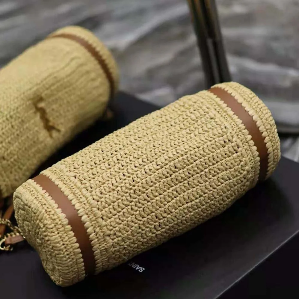 Saint Laurent YSL Cassandre Small Cylindric Bag in Raffia and Vegetable for Women in tanned Leather Saint Laurent YSL Cassandre Small Cylindric Bag in Raffia and Vegetable for Women in tanned Leather