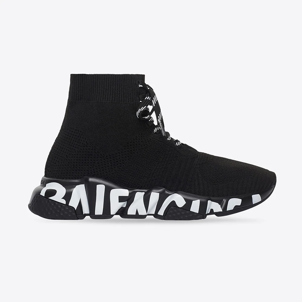 Balenciaga Speed Lace up Graffiti Sneaker in Black for Women in White Balenciaga Speed Lace up Graffiti Sneaker in Black for Women in White