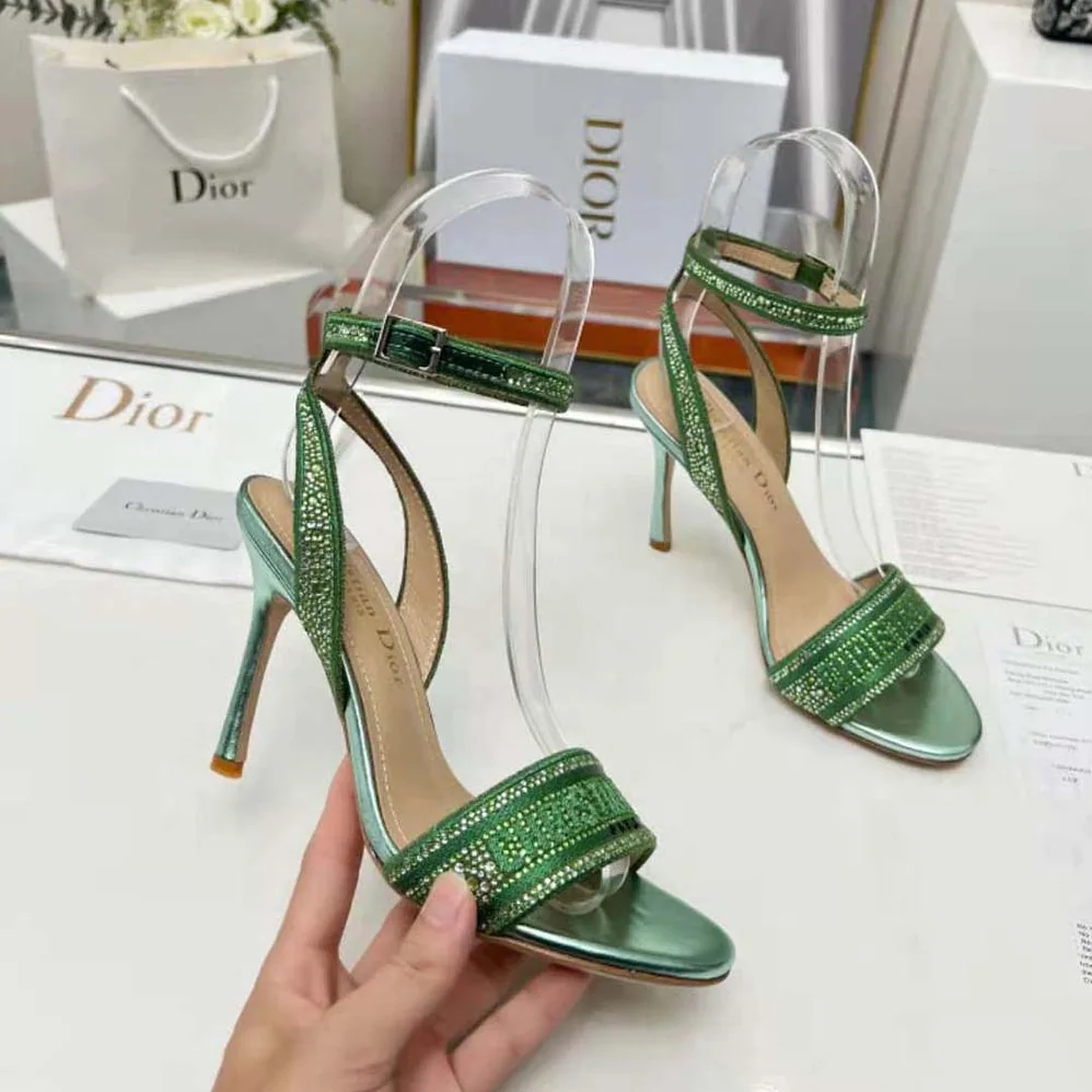 Dior Dway Heeled Slide Green Cotton Embroidered with Metallic Thread and Strass for Women Dior Dway Heeled Slide Green Cotton Embroidered with Metallic Thread and Strass for Women