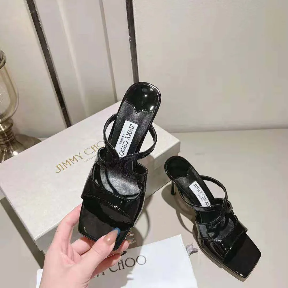 Jimmy Choo Anise 95 Black Patent Leather Mules for Women in Black Jimmy Choo Anise 95 Black Patent Leather Mules for Women in Black
