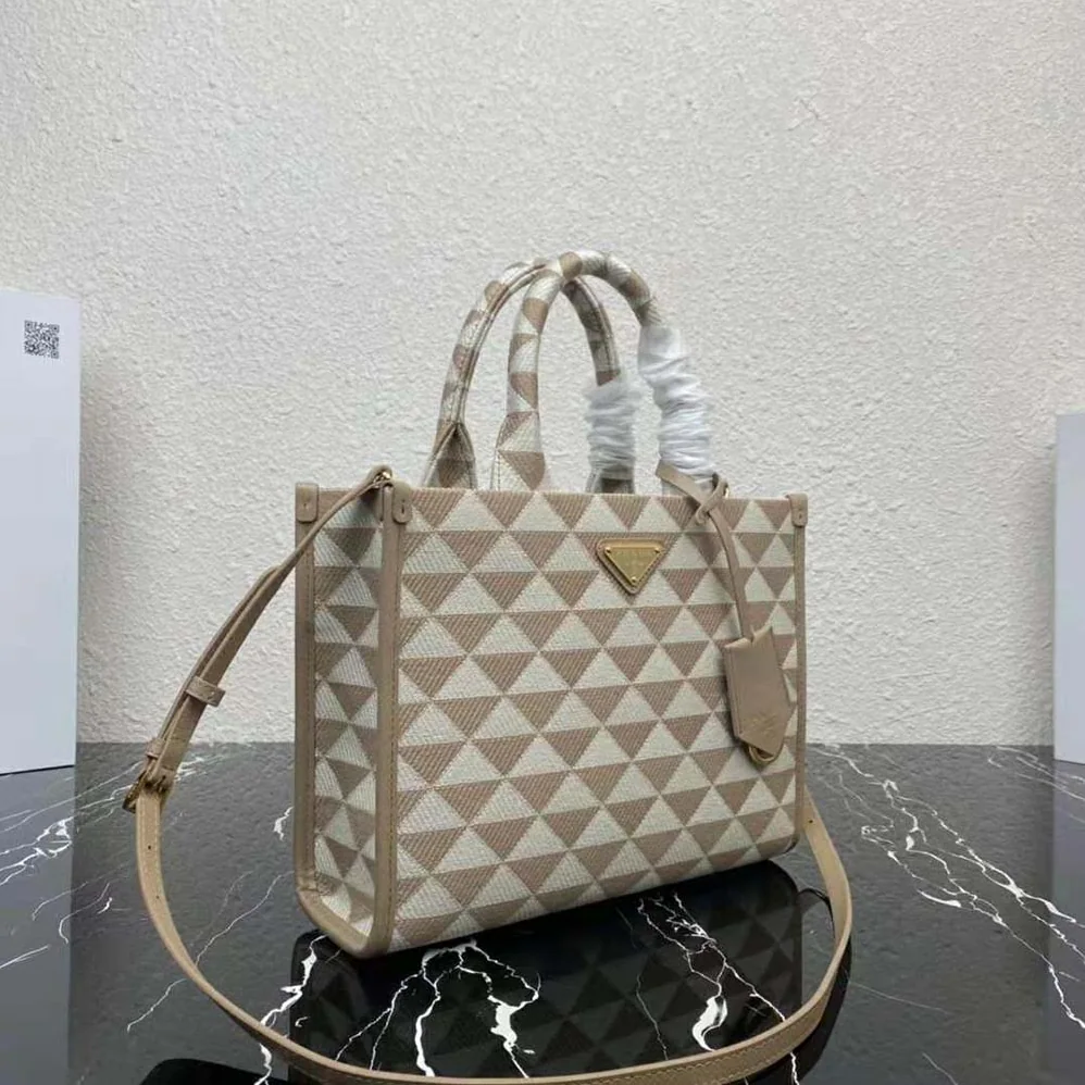 Prada Small Prada Symbole Embroidered Fabric Handbag for Women in Beige