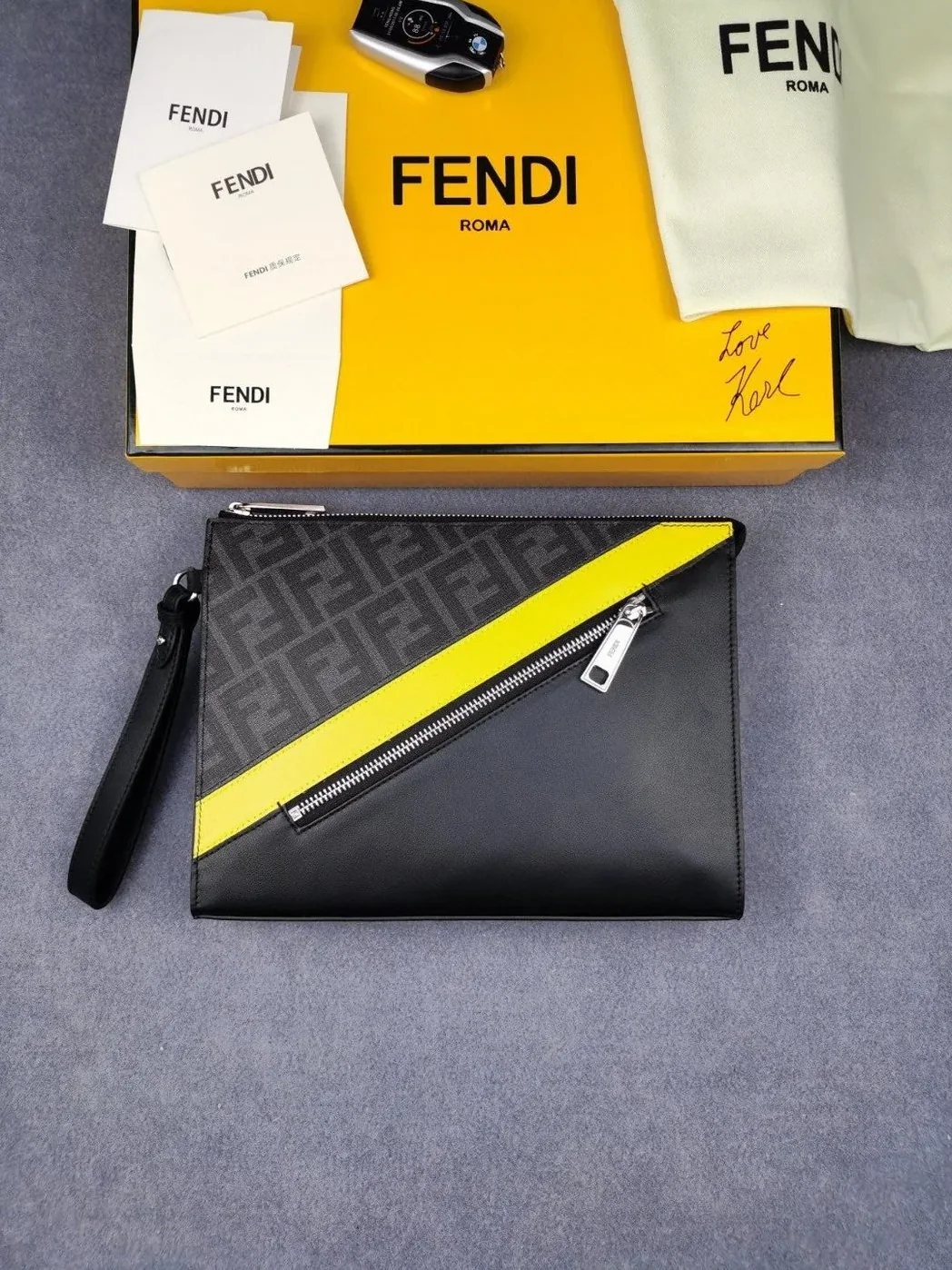 Fendi Flat Pouch Black Fabric Pouch Yellow Stripes / FF 7VA491A9XSF0R2A