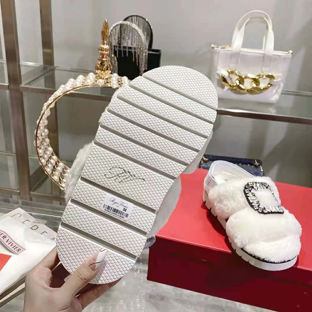 Roger Vivier Viv' Winter Fur Strass Buckle Sandals in Sheepskin for Women in White