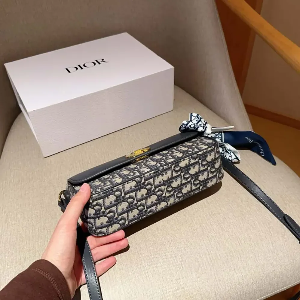 Dior Miss Caro Pouch with Chain Blue Dior Oblique Jacquard and Smooth Calfskin for Women