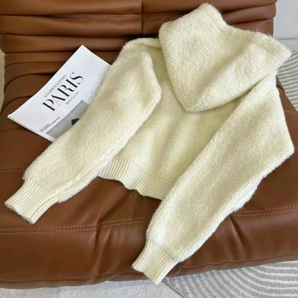 Celine Sweater with Hood in Micro Fur Alpaca Wool for Women