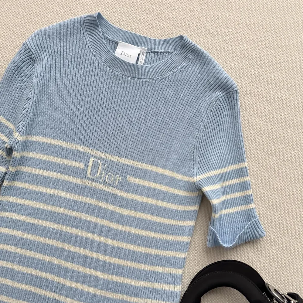 Dior Dioriviera Short-Sleeved Fitted Sweater Sky Blue and White D for Women in Stripes Ribbed Cotton Knit