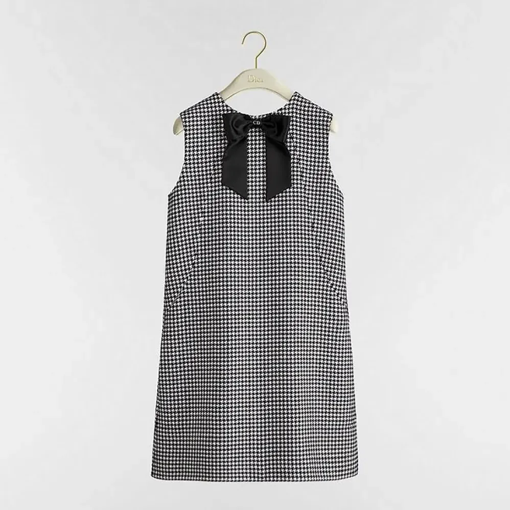 Dior Straight-Cut Short Dress Black and White Houndstooth Virgin Wool Blend for Women