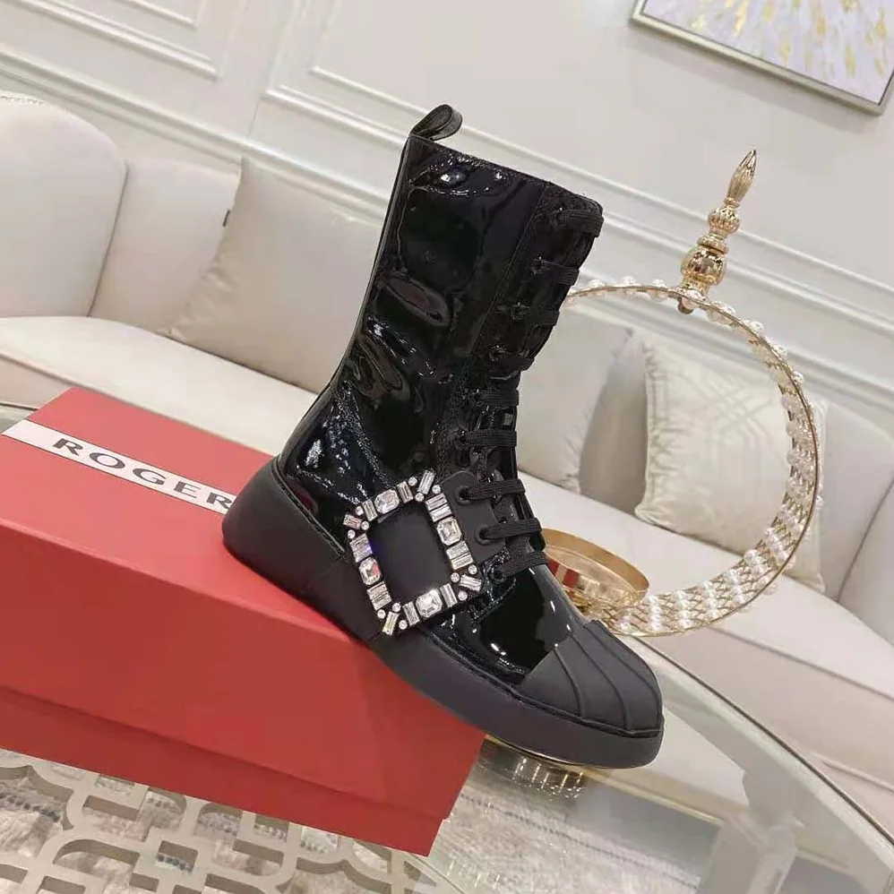 Roger Vivier Viv Skate Lace Up Strass Buckle Booties in Leather for Women in Black Roger Vivier Viv Skate Lace Up Strass Buckle Booties in Leather for Women in Black