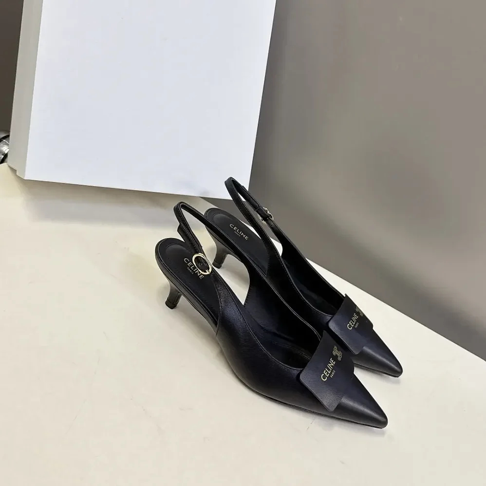 Celine Signature-Slingback With Label In Lambskin for Women in Black Celine Signature-Slingback With Label In Lambskin for Women in Black