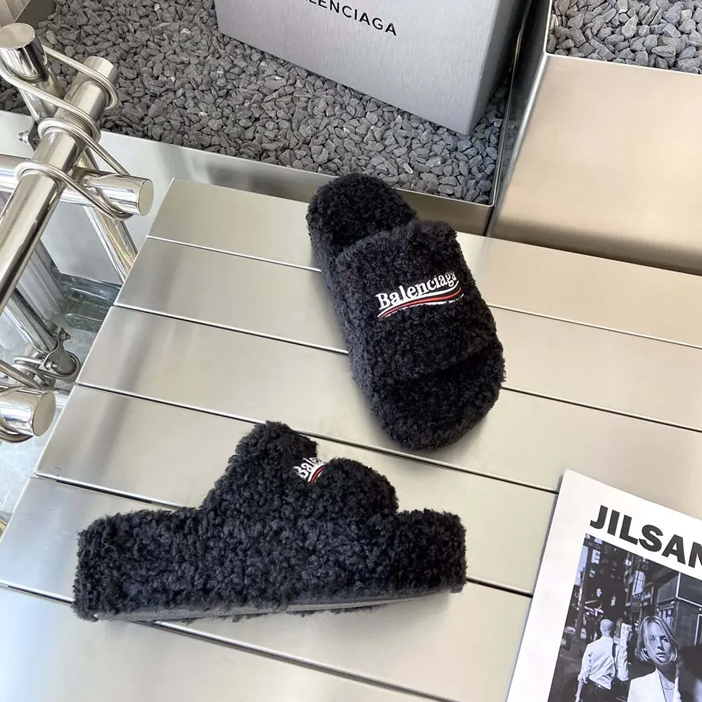 Balenciaga Furry Platform Sandal in Black Fake Shearling for Women Balenciaga Furry Platform Sandal in Black Fake Shearling for Women