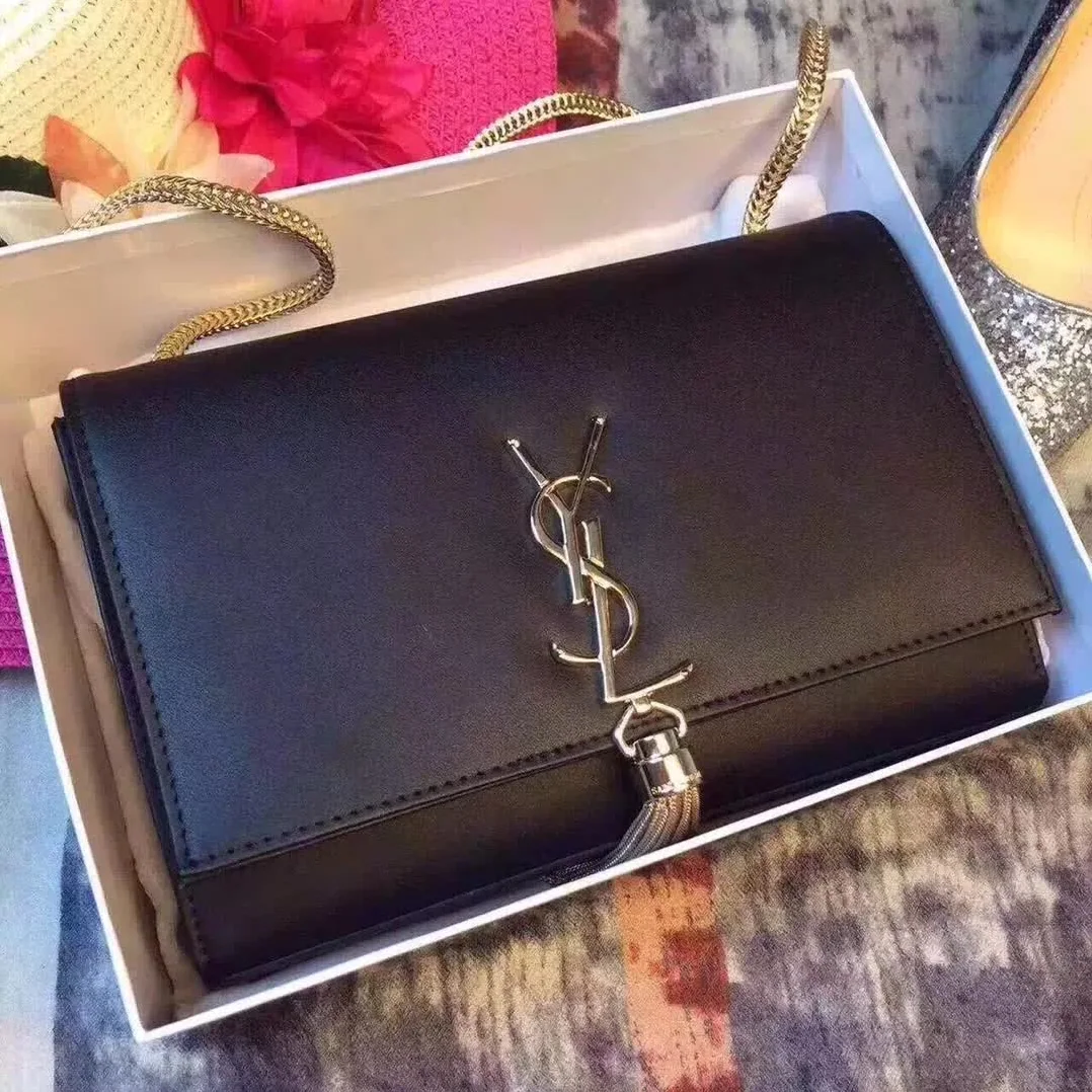 Saint Laurent YSL Medium Kate Tassel Chain Bag Calfskin Leather in Black