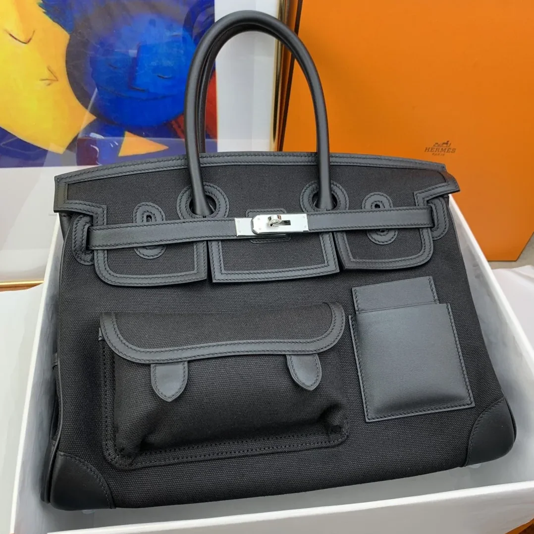Hermes Birkin Cargo 35 Top Handle Bag in Black Silver Hardware Hermes Birkin Cargo 35 Top Handle Bag in Black Silver Hardware