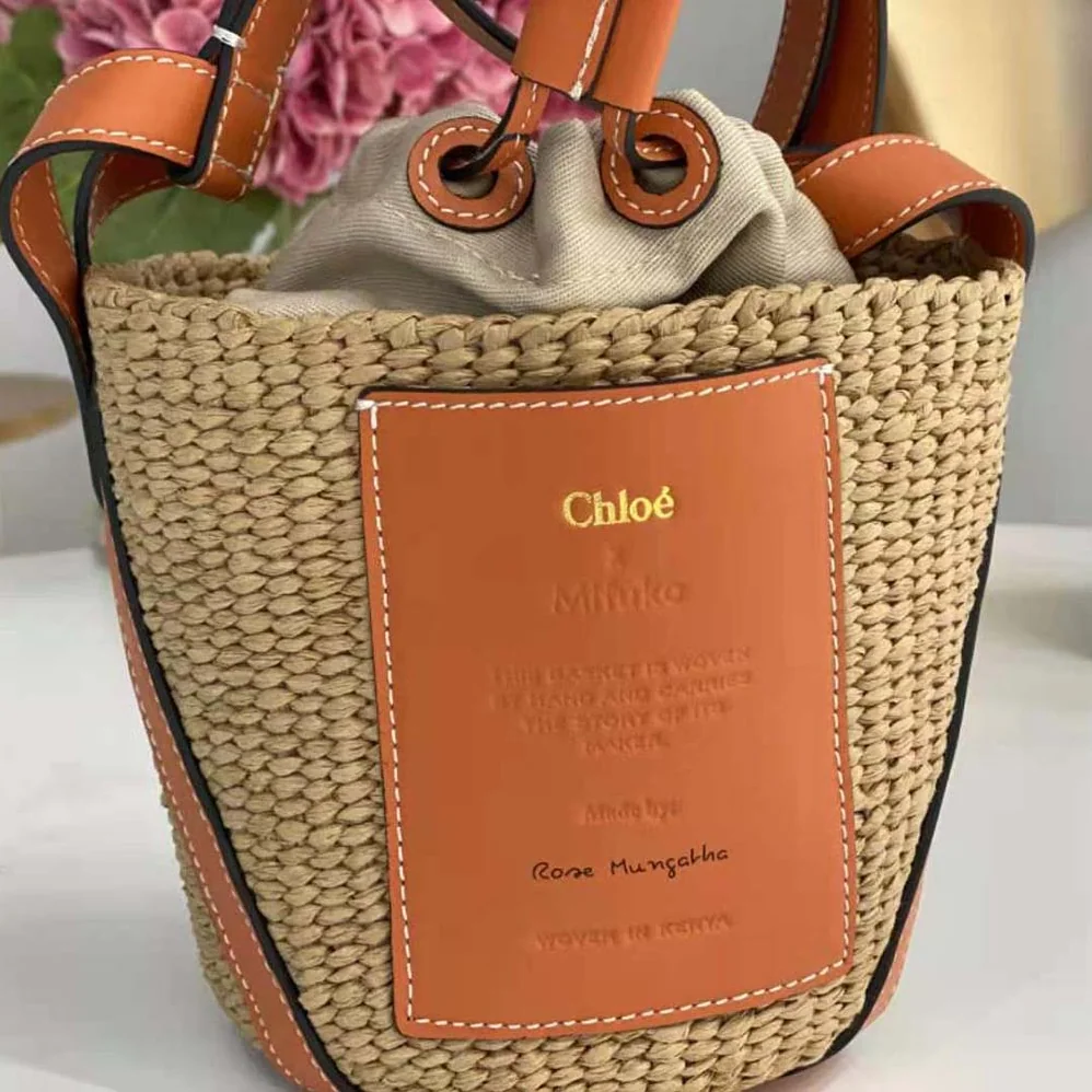 Chloe Small Basket in Fair-Trade Paper and Shiny Calfskin for Women in Orange