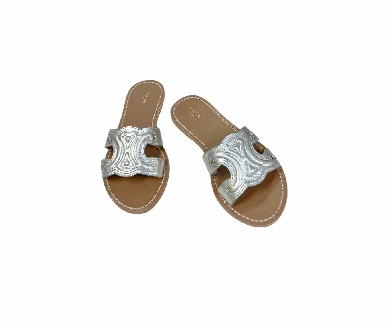 Celine Triomphe Mule In Metalized Sliver Tone .36PN Celine Triomphe Mule In Metalized Sliver Tone .36PN