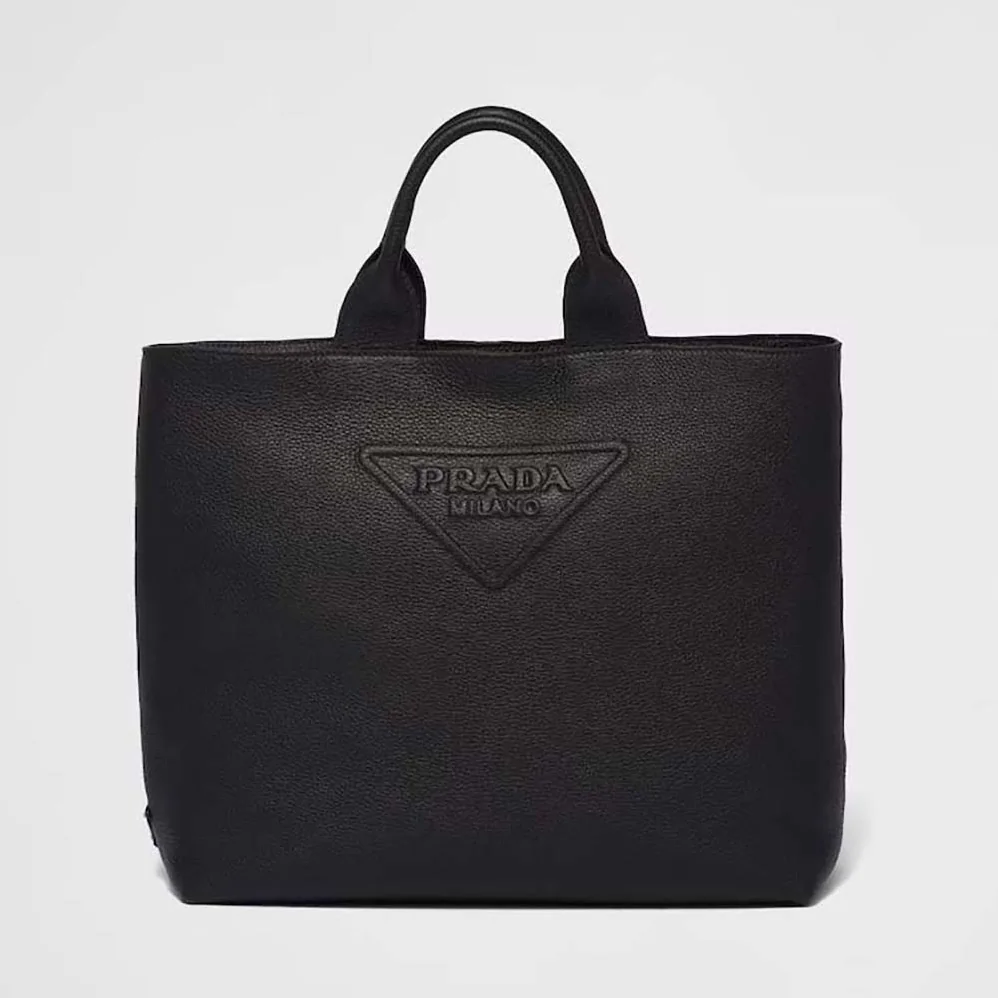 Prada Leather Tote with Enameled Metal Triangle Logo for Men in Black Prada Leather Tote with Enameled Metal Triangle Logo for Men in Black
