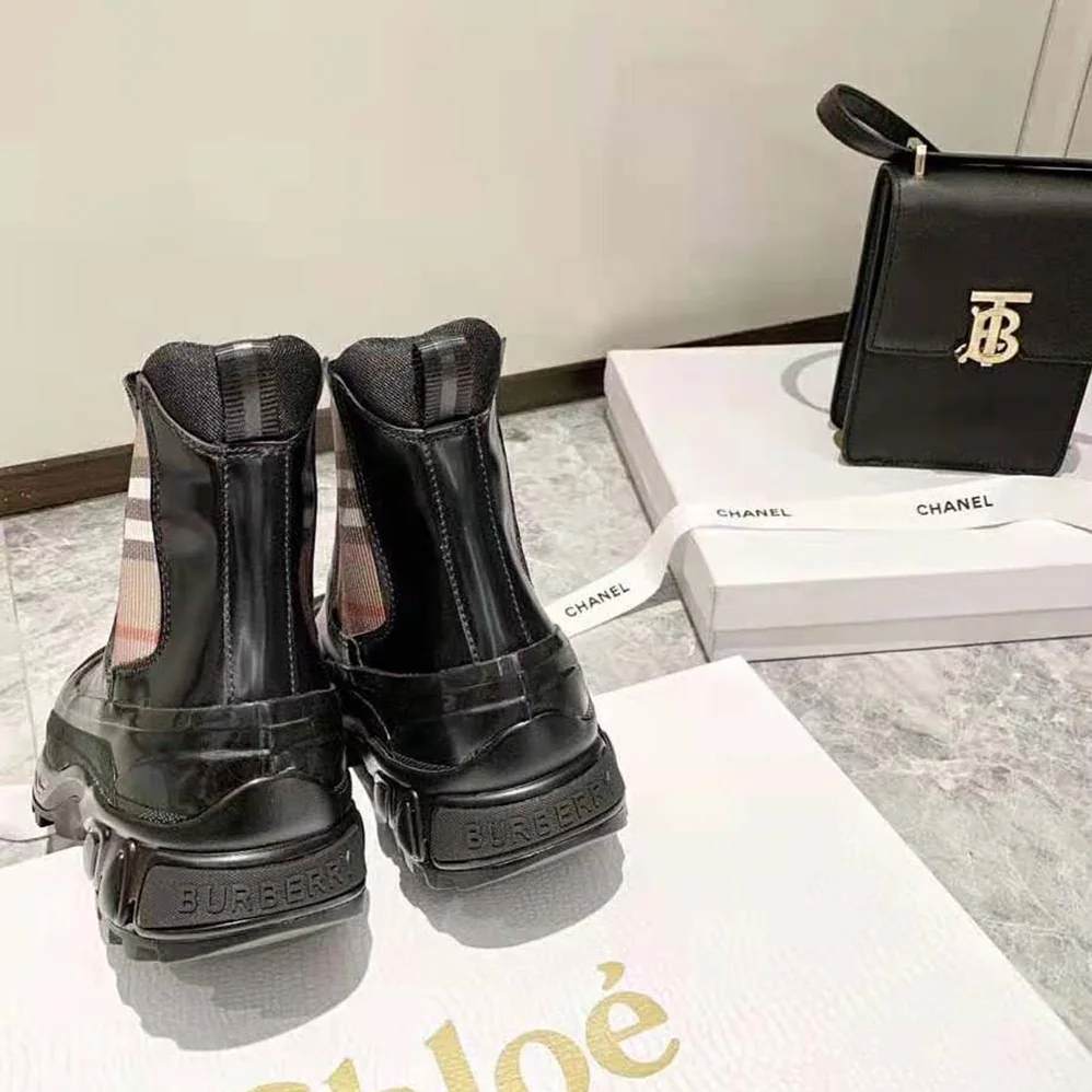 Burberry Vintage Check Detail Coated Canvas Chelsea Boots for Women in Black