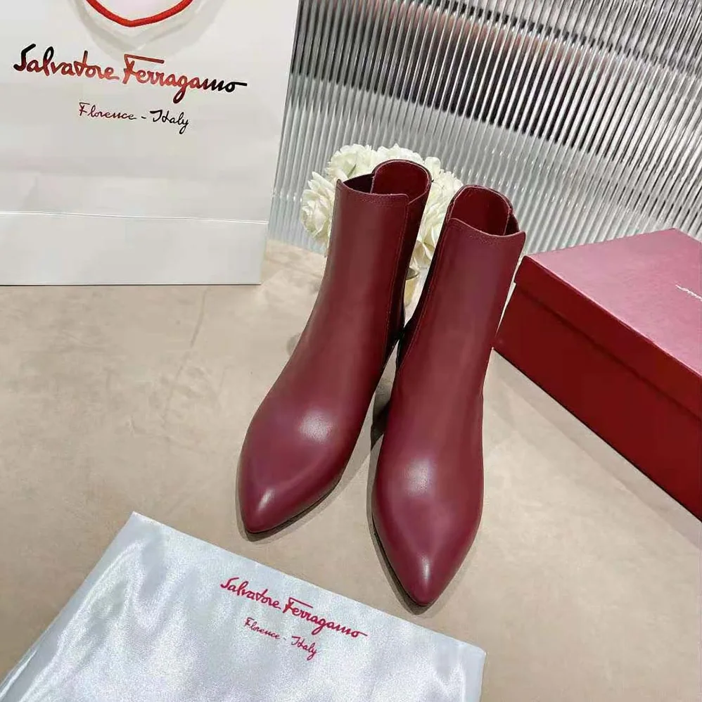 Salvatore Ferragamo Chelsea Boot in 55mm Heel for Women in Maroon Salvatore Ferragamo Chelsea Boot in 55mm Heel for Women in Maroon