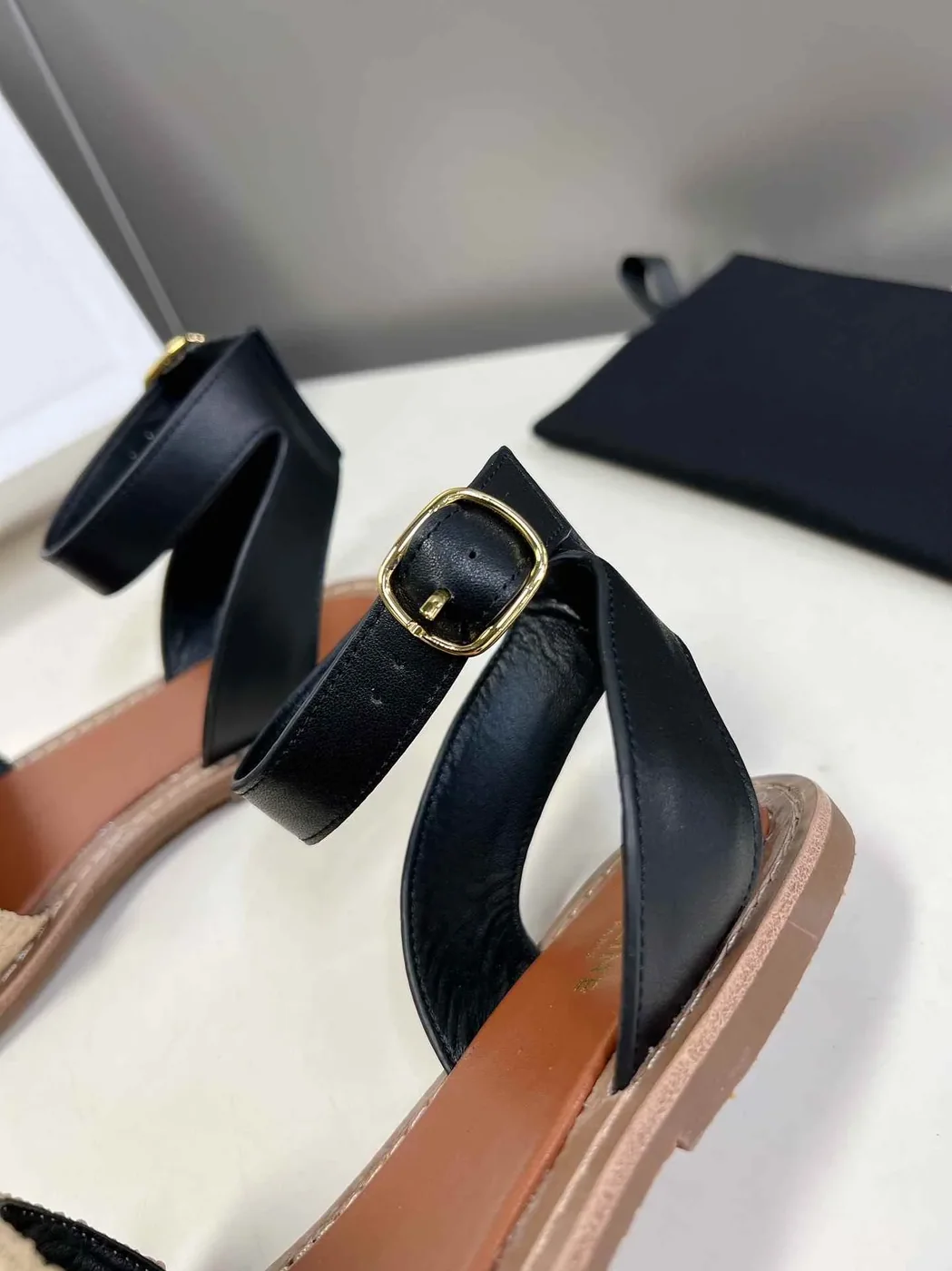 Celine Lympia Flat Strap Sandal In Raffia Black .02BL Celine Lympia Flat Strap Sandal In Raffia Black .02BL