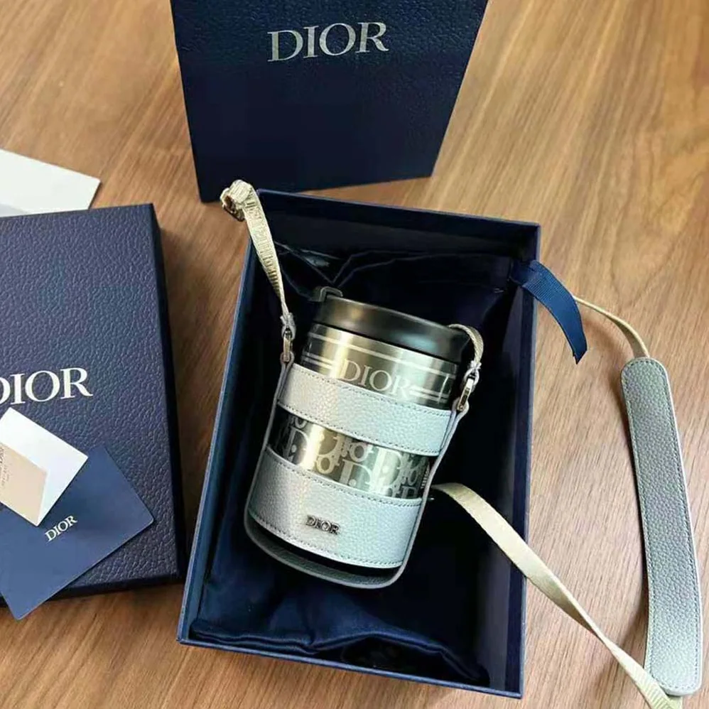 Dior Aqua Mug with Shoulder Strap Dior Gray Grained Calfskin and Dior Oblique Stainless Steel for Unisex