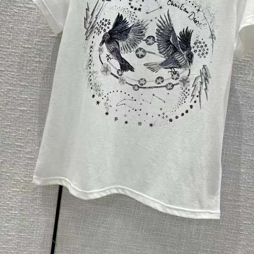 Dior T-shirt White Cotton Jersey and Linen with Black Gemini Motif for Women