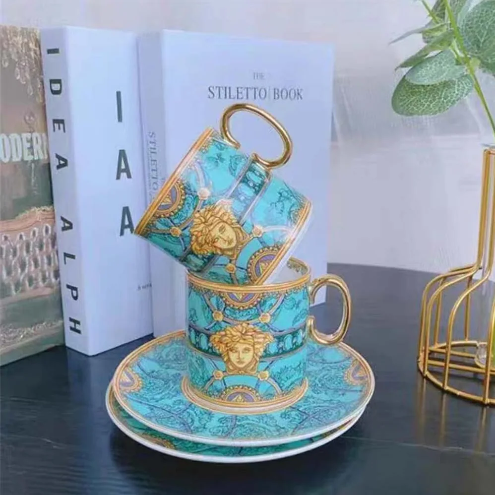 Versace Scala Del Palazzo Coffee Set Includes A Coffee Cup with Handle and A Matching Saucer for Unisex in Blue