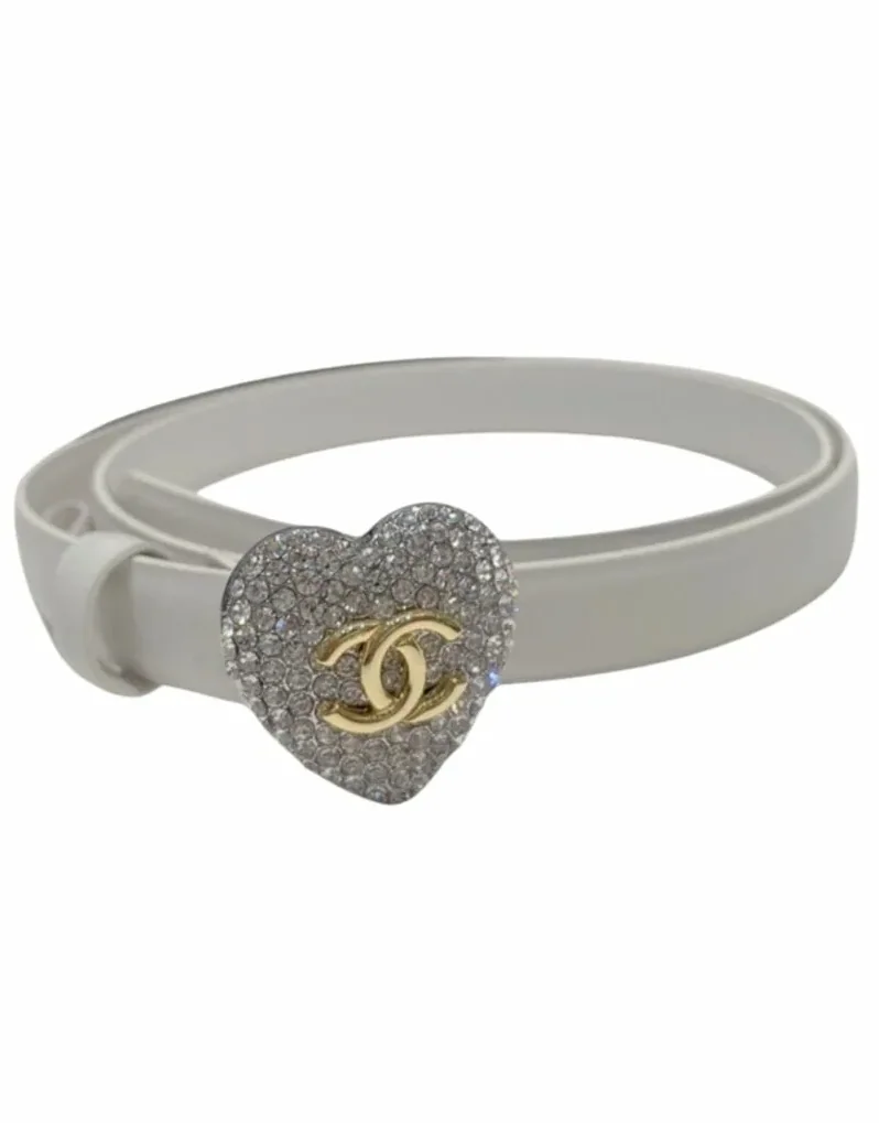 Chanel CC Silver Tone Heart Buckle Belt White Chanel CC Silver Tone Heart Buckle Belt White