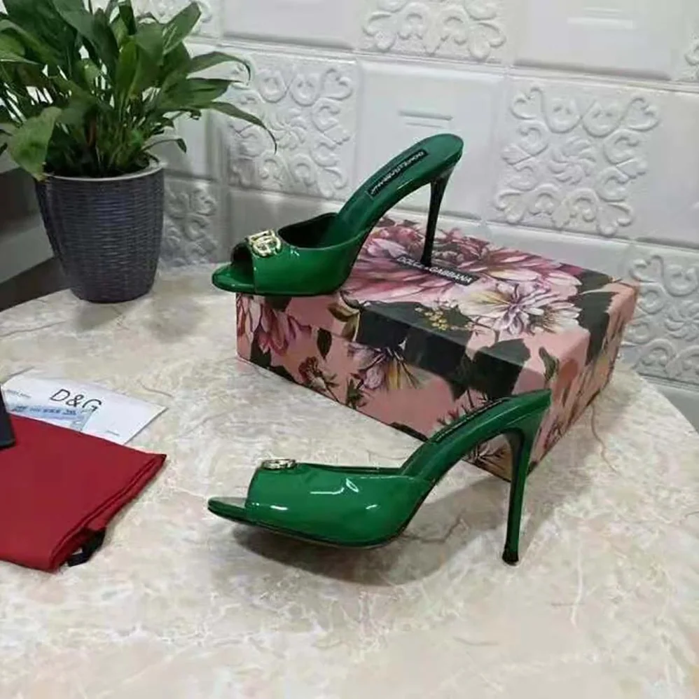 Dolce Gabbana D&G Patent Leather Mules with DG Logo for Women in Green