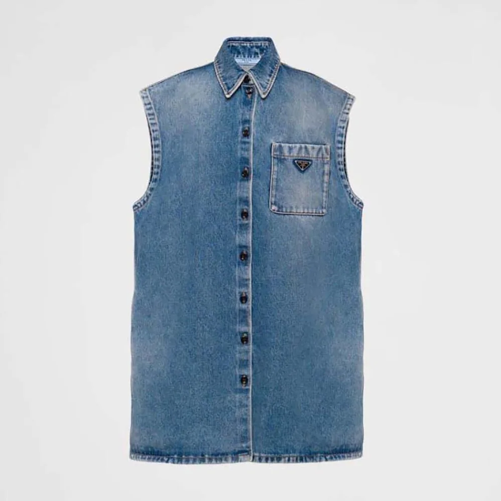 Prada Denim Shirt with Triangle Logo for Women in Navy Prada Denim Shirt with Triangle Logo for Women in Navy