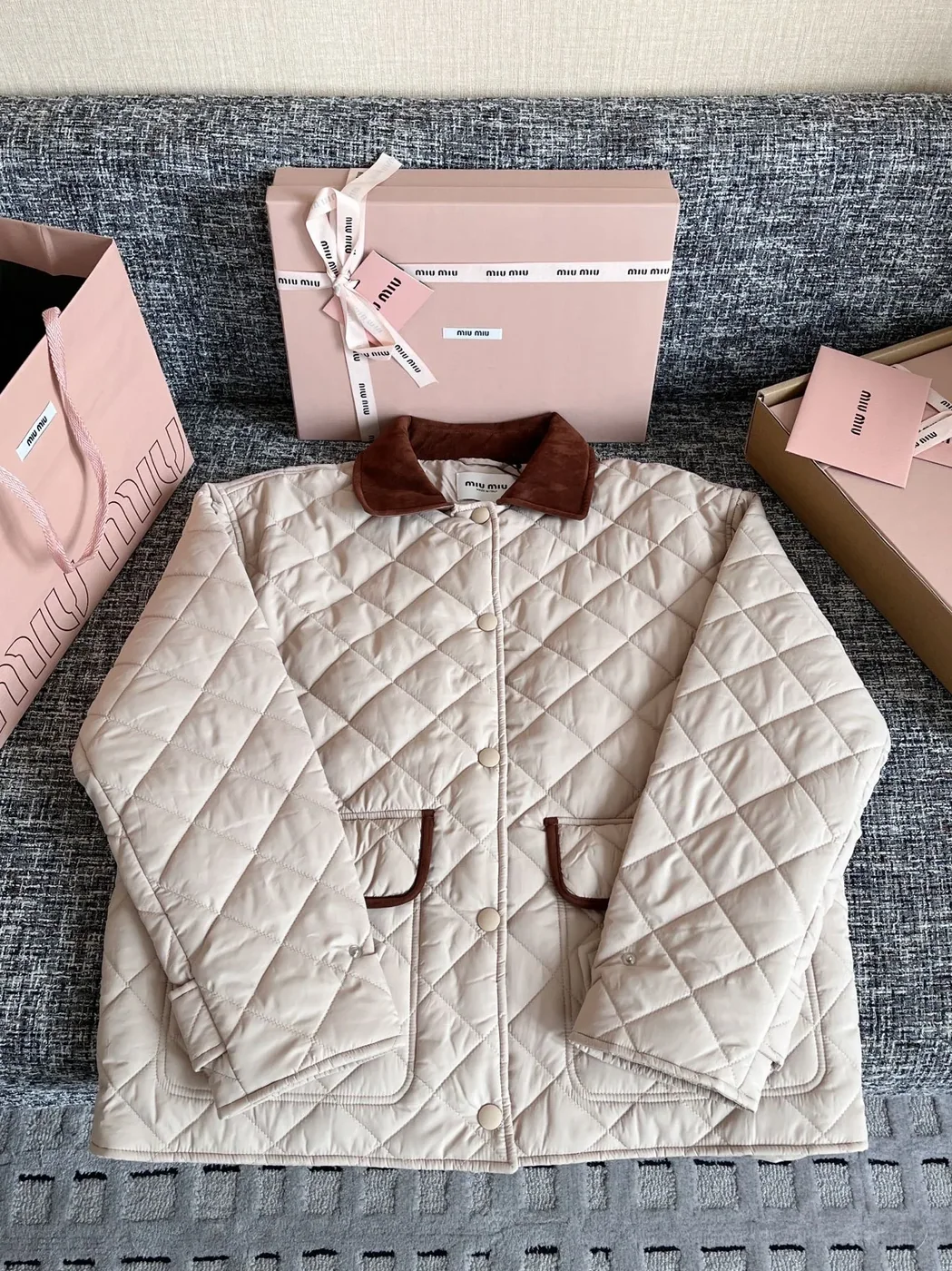 Miu Miu Quilted Jacket With Velvet Collar Beige