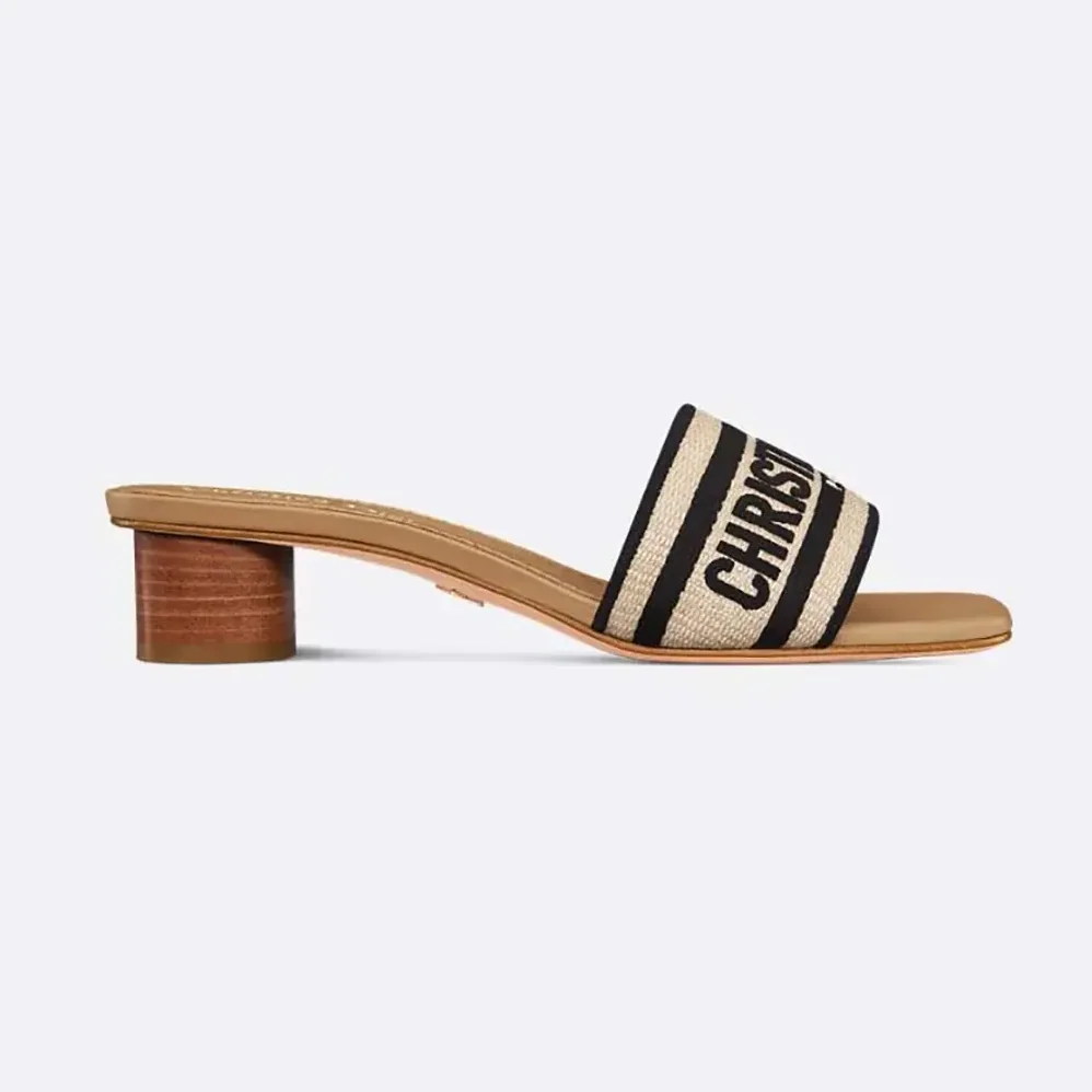 Dior Dway Heeled Slide Natural Raffia and Black Embroidered Cotton for Women Dior Dway Heeled Slide Natural Raffia and Black Embroidered Cotton for Women