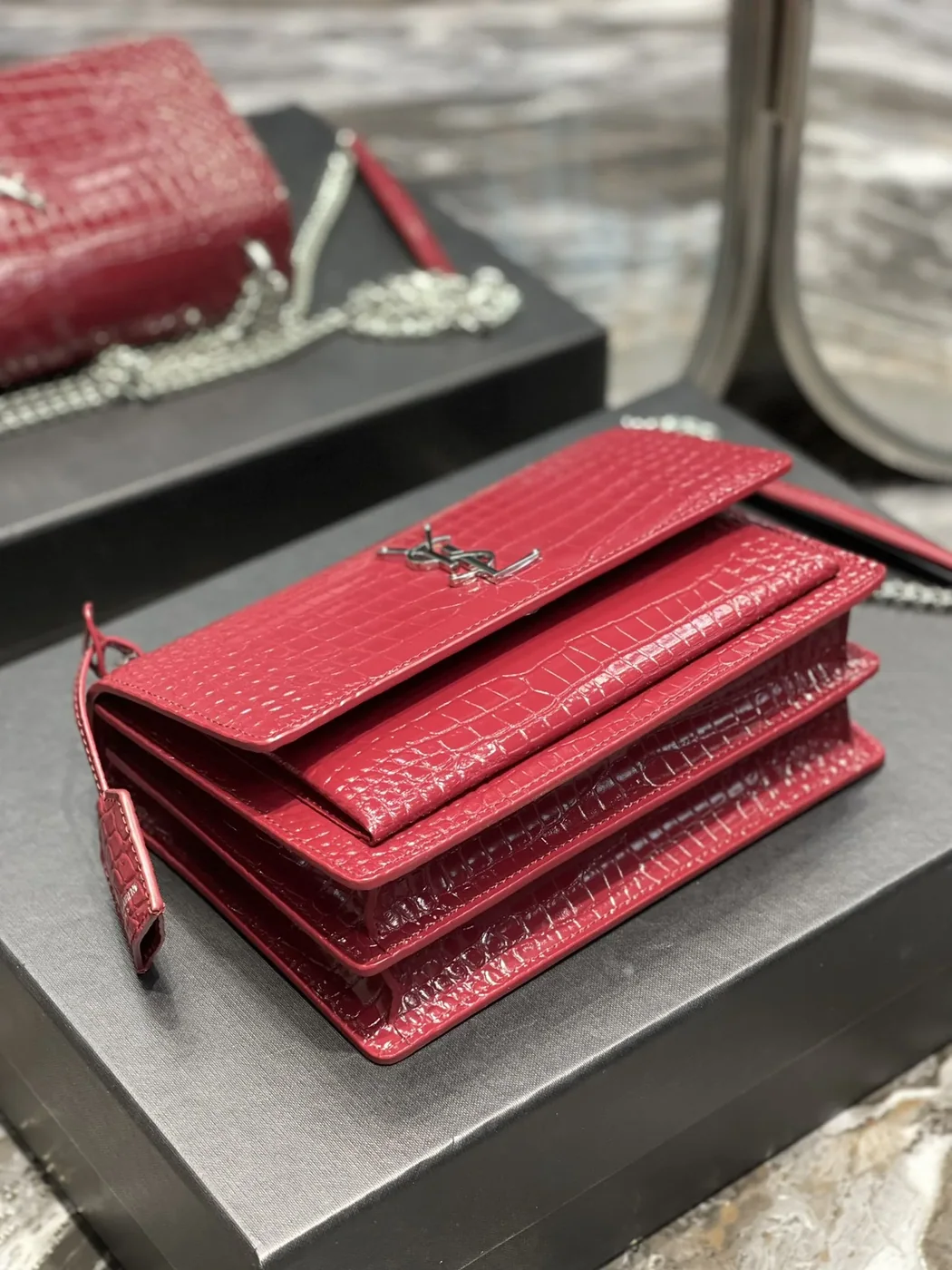 Saint Laurent Sunset Medium Chain Bag Red in YSL Saint Laurent Sunset Medium Chain Bag Red in YSL