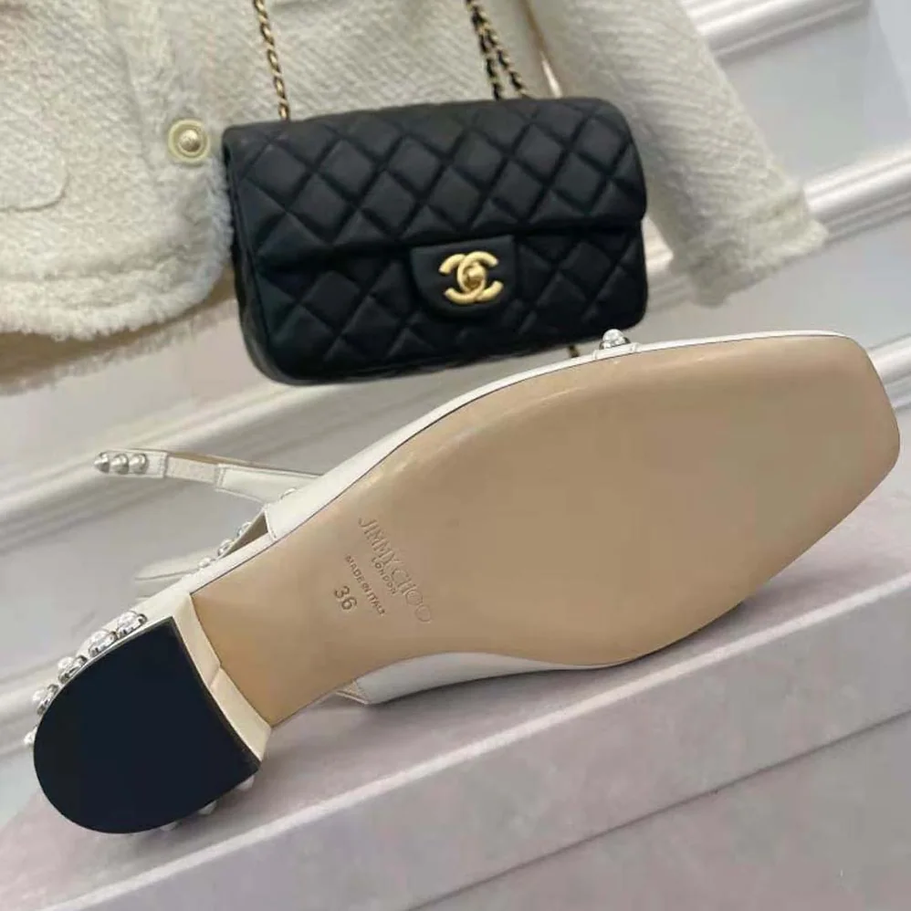 Jimmy Choo Hya 45 Latte Nappa Slingbacks with Pearl Studs for Women