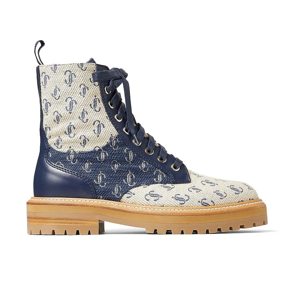 Jimmy Choo Cora Flat Sand Dune JC Monogram Jacquard and Leather Mix Combat Boots for Women