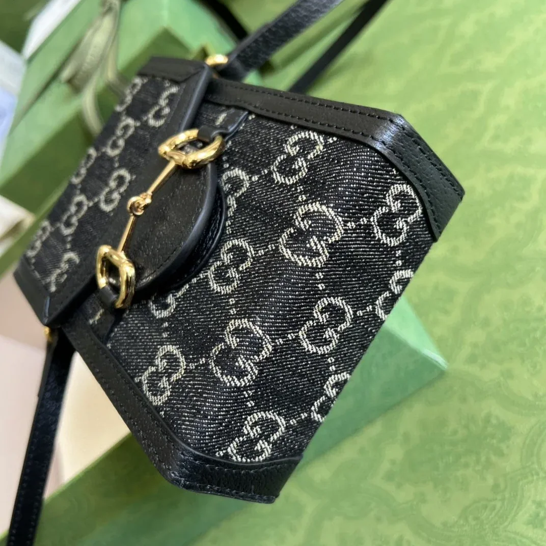 Gucci Horsebit 1955 Mini Bag Black And Ivory GG Denim Jacquard /