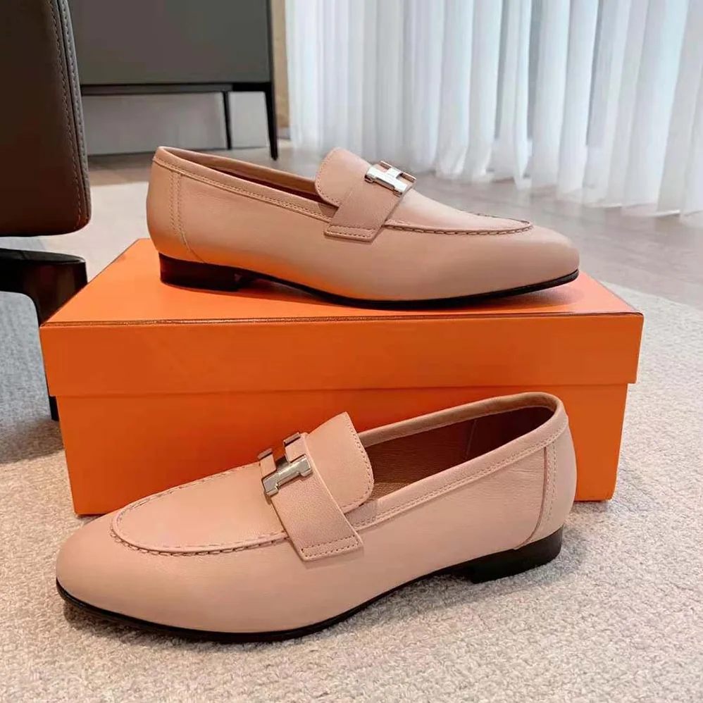 Hermes Paris Loafer in Goatskin with Palladium-Plated Signature “H” Detail for Women in Pink Hermes Paris Loafer in Goatskin with Palladium-Plated Signature “H” Detail for Women in Pink