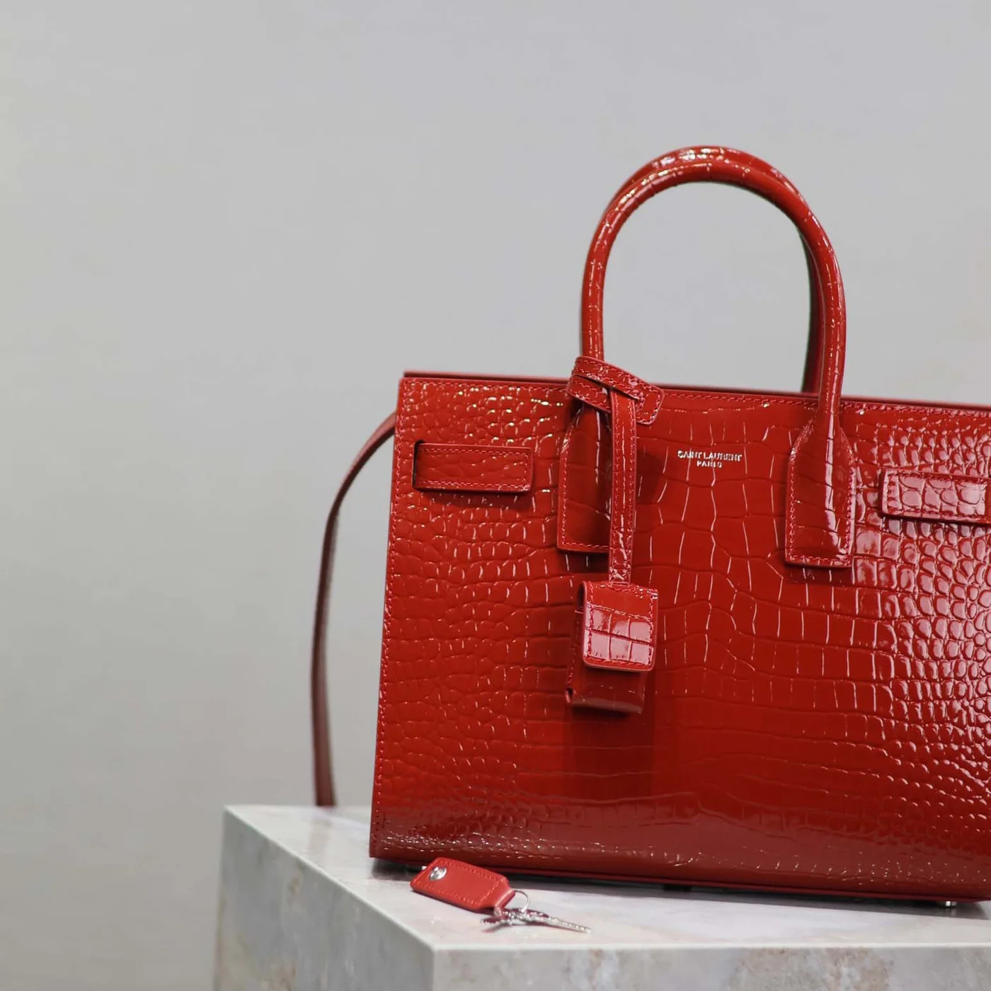 Saint Laurent YSL Sac De Jour in Embossed Crocodile Leather Baby for Women in Red Saint Laurent YSL Sac De Jour in Embossed Crocodile Leather Baby for Women in Red