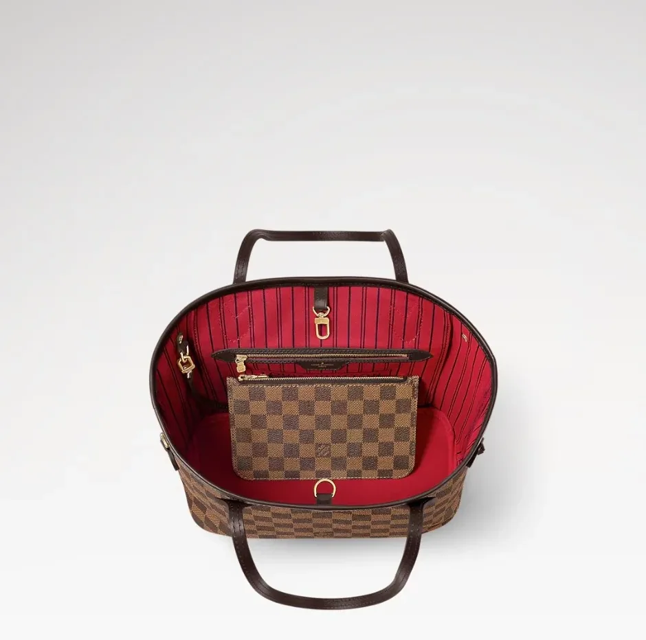 Louis Vuitton Neverfull PM Tote Bag / Red Damier Ebene Gold Hardware