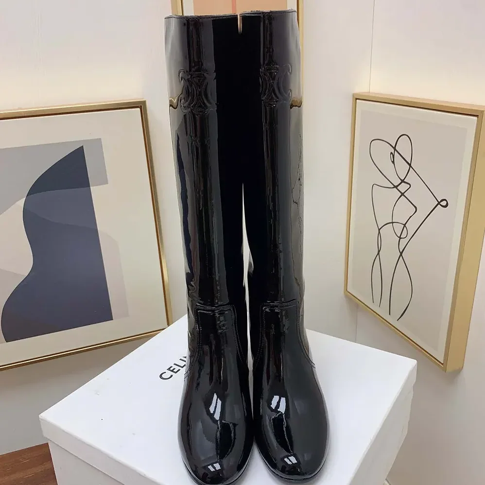 Celine Les Bottes Celine Triomphe High Boot in Patent Calfskin for Women in Black