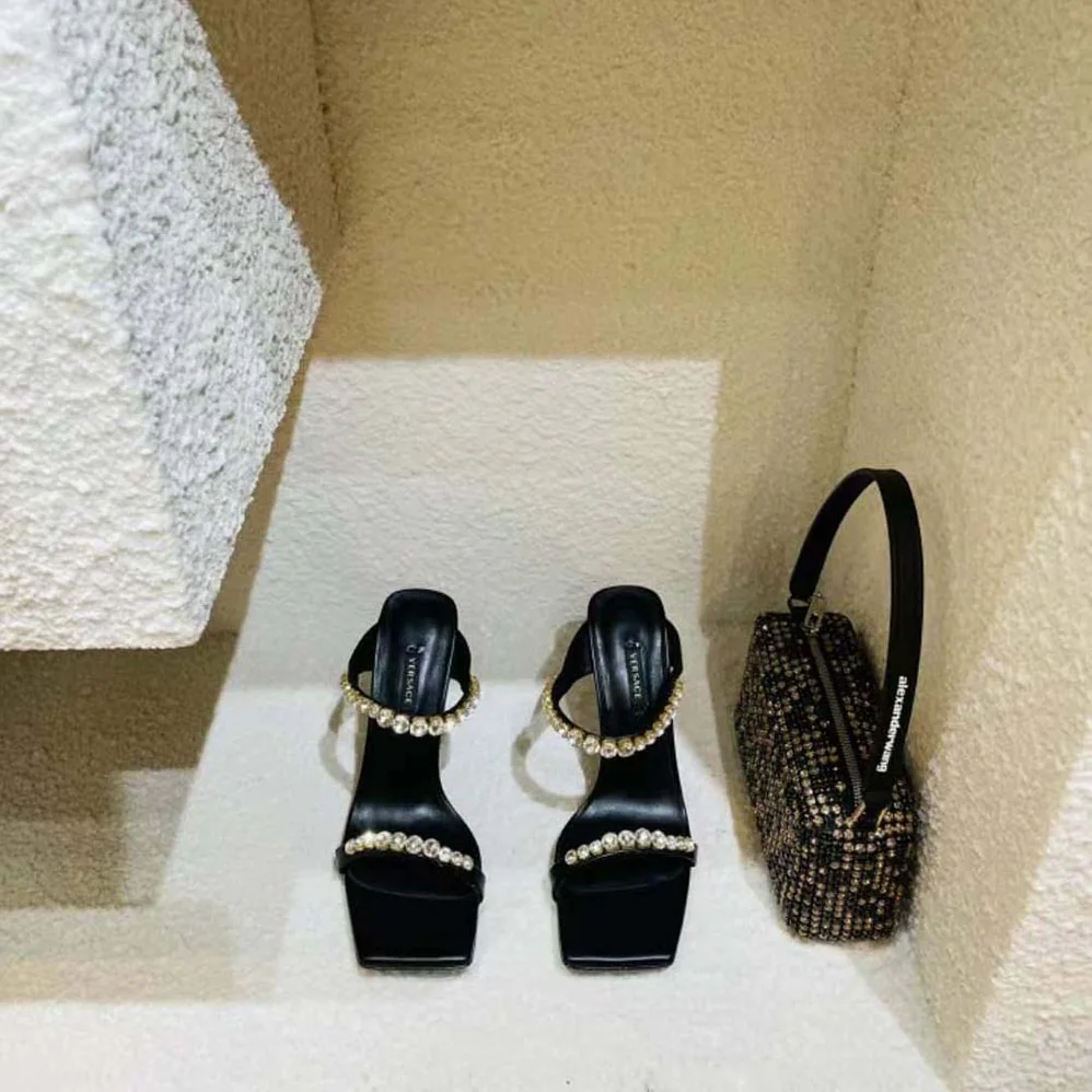 Versace Rhinestone Mules in 105mm Heel Hight for Women in Black Versace Rhinestone Mules in 105mm Heel Hight for Women in Black